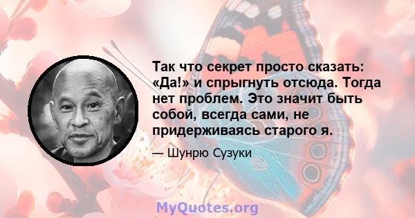 Так что секрет просто сказать: «Да!» и спрыгнуть отсюда. Тогда нет проблем. Это значит быть собой, всегда сами, не придерживаясь старого я.