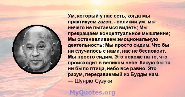 Ум, который у нас есть, когда мы практикуем zazen, - великий ум: мы ничего не пытаемся видеть; Мы прекращаем концептуальное мышление; Мы останавливаем эмоциональную деятельность; Мы просто сидим. Что бы ни случилось с