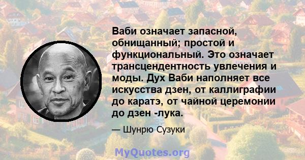 Ваби означает запасной, обнищанный; простой и функциональный. Это означает трансцендентность увлечения и моды. Дух Ваби наполняет все искусства дзен, от каллиграфии до каратэ, от чайной церемонии до дзен -лука.