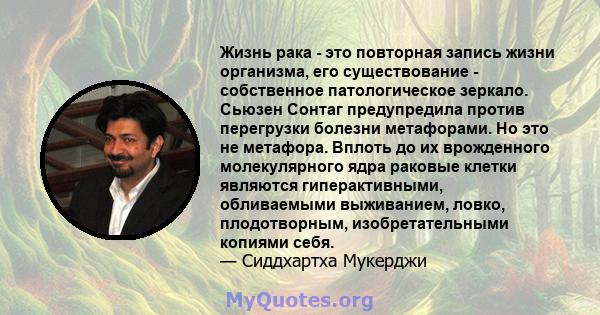 Жизнь рака - это повторная запись жизни организма, его существование - собственное патологическое зеркало. Сьюзен Сонтаг предупредила против перегрузки болезни метафорами. Но это не метафора. Вплоть до их врожденного