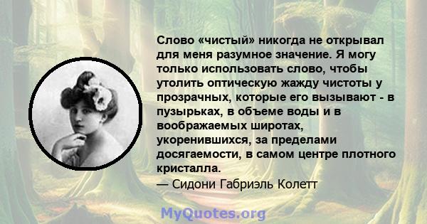 Слово «чистый» никогда не открывал для меня разумное значение. Я могу только использовать слово, чтобы утолить оптическую жажду чистоты у прозрачных, которые его вызывают - в пузырьках, в объеме воды и в воображаемых