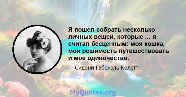 Я пошел собрать несколько личных вещей, которые ... я считал бесценным: моя кошка, моя решимость путешествовать и мое одиночество.