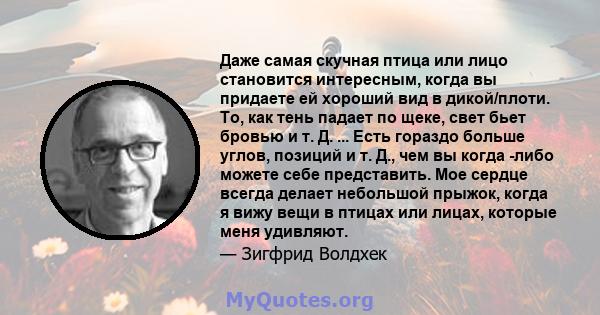 Даже самая скучная птица или лицо становится интересным, когда вы придаете ей хороший вид в дикой/плоти. То, как тень падает по щеке, свет бьет бровью и т. Д. ... Есть гораздо больше углов, позиций и т. Д., чем вы когда 