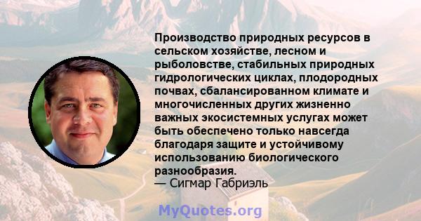 Производство природных ресурсов в сельском хозяйстве, лесном и рыболовстве, стабильных природных гидрологических циклах, плодородных почвах, сбалансированном климате и многочисленных других жизненно важных экосистемных