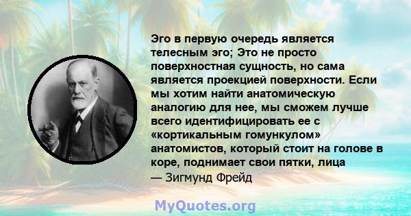 Эго в первую очередь является телесным эго; Это не просто поверхностная сущность, но сама является проекцией поверхности. Если мы хотим найти анатомическую аналогию для нее, мы сможем лучше всего идентифицировать ее с