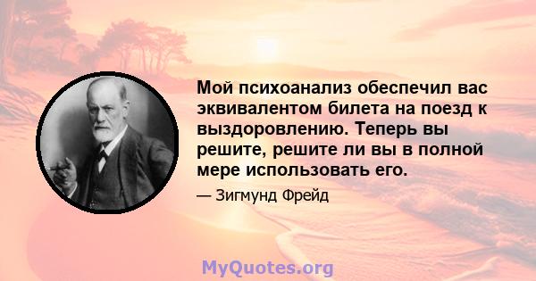 Мой психоанализ обеспечил вас эквивалентом билета на поезд к выздоровлению. Теперь вы решите, решите ли вы в полной мере использовать его.