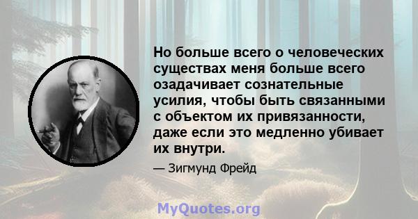 Но больше всего о человеческих существах меня больше всего озадачивает сознательные усилия, чтобы быть связанными с объектом их привязанности, даже если это медленно убивает их внутри.