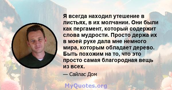 Я всегда находил утешение в листьях, в их молчании. Они были как пергамент, который содержит слова мудрости. Просто держа их в моей руке дала мне немного мира, которым обладает дерево. Быть похожим на то, что это просто 