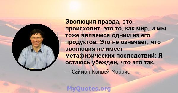 Эволюция правда, это происходит, это то, как мир, и мы тоже являемся одним из его продуктов. Это не означает, что эволюция не имеет метафизических последствий; Я остаюсь убежден, что это так.