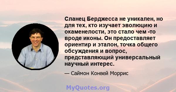 Сланец Берджесса не уникален, но для тех, кто изучает эволюцию и окаменелости, это стало чем -то вроде иконы. Он предоставляет ориентир и эталон, точка общего обсуждения и вопрос, представляющий универсальный научный