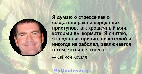 Я думаю о стрессе как о создателе рака и сердечных приступов, как крошечный мяч, который вы кормите. Я считаю, что одна из причин, по которой я никогда не заболел, заключается в том, что я не стресс.