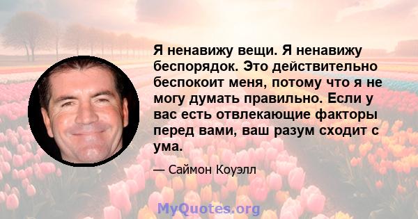 Я ненавижу вещи. Я ненавижу беспорядок. Это действительно беспокоит меня, потому что я не могу думать правильно. Если у вас есть отвлекающие факторы перед вами, ваш разум сходит с ума.