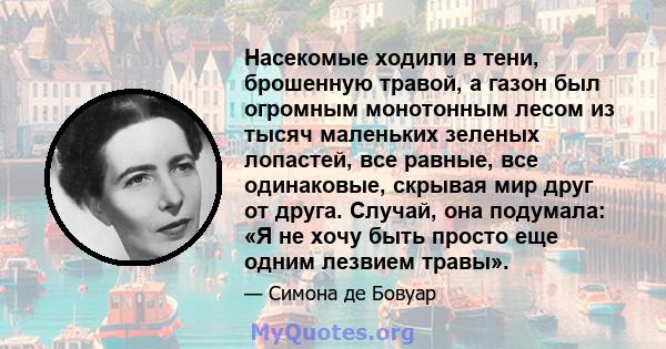 Насекомые ходили в тени, брошенную травой, а газон был огромным монотонным лесом из тысяч маленьких зеленых лопастей, все равные, все одинаковые, скрывая мир друг от друга. Случай, она подумала: «Я не хочу быть просто