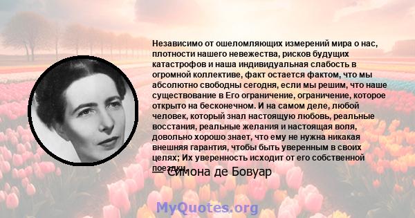 Независимо от ошеломляющих измерений мира о нас, плотности нашего невежества, рисков будущих катастрофов и наша индивидуальная слабость в огромной коллективе, факт остается фактом, что мы абсолютно свободны сегодня,