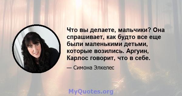 Что вы делаете, мальчики? Она спрашивает, как будто все еще были маленькими детьми, которые возились. Аргуин, Карлос говорит, что в себе.