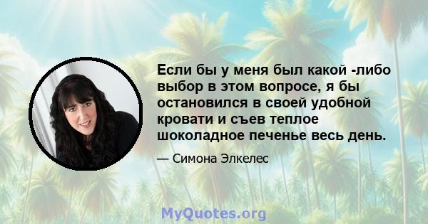 Если бы у меня был какой -либо выбор в этом вопросе, я бы остановился в своей удобной кровати и съев теплое шоколадное печенье весь день.