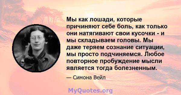 Мы как лошади, которые причиняют себе боль, как только они натягивают свои кусочки - и мы складываем головы. Мы даже теряем сознание ситуации, мы просто подчиняемся. Любое повторное пробуждение мысли является тогда