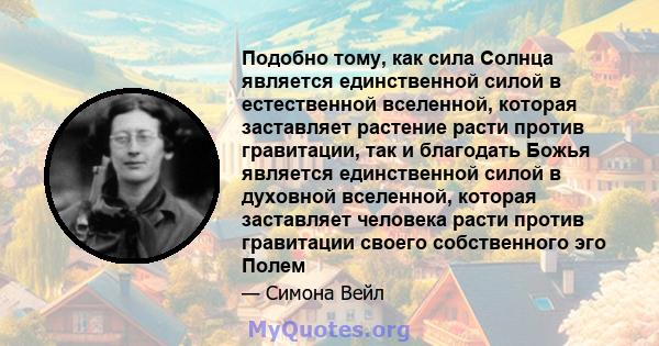 Подобно тому, как сила Солнца является единственной силой в естественной вселенной, которая заставляет растение расти против гравитации, так и благодать Божья является единственной силой в духовной вселенной, которая