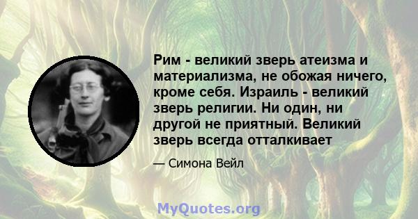 Рим - великий зверь атеизма и материализма, не обожая ничего, кроме себя. Израиль - великий зверь религии. Ни один, ни другой не приятный. Великий зверь всегда отталкивает