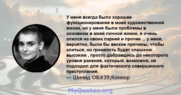 У меня всегда было хорошее функционирование в моей художественной жизни, но у меня были проблемы в основном в моей личной жизни, я очень злился на своих парней и прочее ... у меня, вероятно, были бы веские причины,