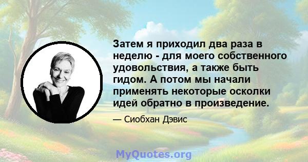 Затем я приходил два раза в неделю - для моего собственного удовольствия, а также быть гидом. А потом мы начали применять некоторые осколки идей обратно в произведение.