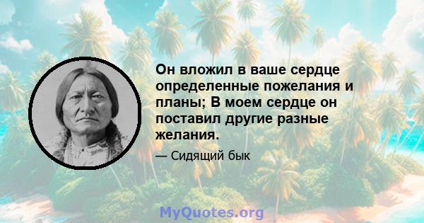 Он вложил в ваше сердце определенные пожелания и планы; В моем сердце он поставил другие разные желания.