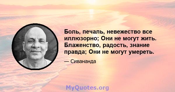 Боль, печаль, невежество все иллюзорно; Они не могут жить. Блаженство, радость, знание правда; Они не могут умереть.