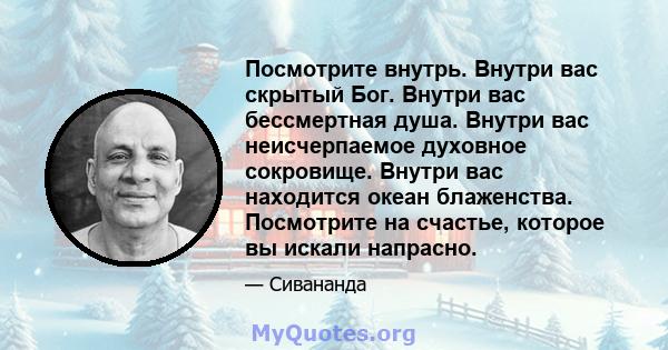 Посмотрите внутрь. Внутри вас скрытый Бог. Внутри вас бессмертная душа. Внутри вас неисчерпаемое духовное сокровище. Внутри вас находится океан блаженства. Посмотрите на счастье, которое вы искали напрасно.