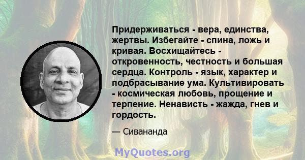 Придерживаться - вера, единства, жертвы. Избегайте - спина, ложь и кривая. Восхищайтесь - откровенность, честность и большая сердца. Контроль - язык, характер и подбрасывание ума. Культивировать - космическая любовь,