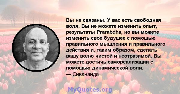 Вы не связаны. У вас есть свободная воля. Вы не можете изменить опыт, результаты Prarabdha, но вы можете изменить свое будущее с помощью правильного мышления и правильного действия и, таким образом, сделать вашу волю