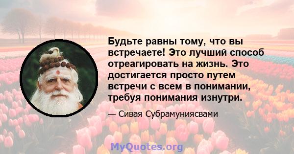 Будьте равны тому, что вы встречаете! Это лучший способ отреагировать на жизнь. Это достигается просто путем встречи с всем в понимании, требуя понимания изнутри.