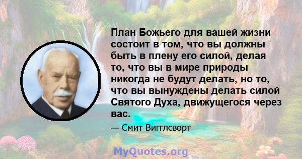 План Божьего для вашей жизни состоит в том, что вы должны быть в плену его силой, делая то, что вы в мире природы никогда не будут делать, но то, что вы вынуждены делать силой Святого Духа, движущегося через вас.