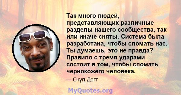 Так много людей, представляющих различные разделы нашего сообщества, так или иначе сняты. Система была разработана, чтобы сломать нас. Ты думаешь, это не правда? Правило с тремя ударами состоит в том, чтобы сломать