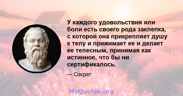 У каждого удовольствия или боли есть своего рода заклепка, с которой она прикрепляет душу к телу и прижимает ее и делает ее телесным, принимая как истинное, что бы ни сертификалось.