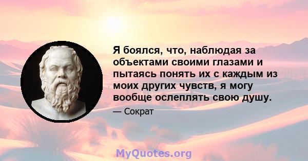 Я боялся, что, наблюдая за объектами своими глазами и пытаясь понять их с каждым из моих других чувств, я могу вообще ослеплять свою душу.