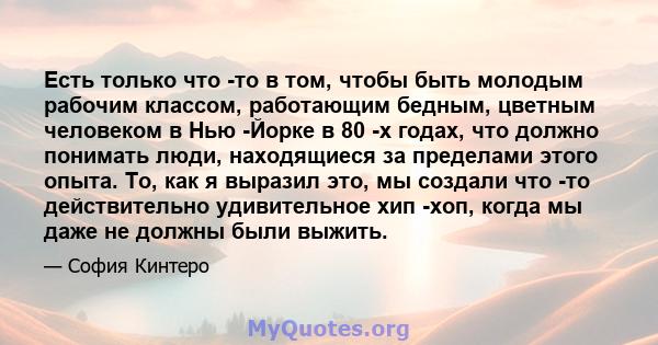 Есть только что -то в том, чтобы быть молодым рабочим классом, работающим бедным, цветным человеком в Нью -Йорке в 80 -х годах, что должно понимать люди, находящиеся за пределами этого опыта. То, как я выразил это, мы