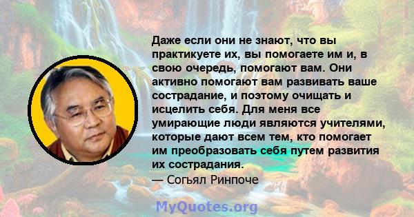 Даже если они не знают, что вы практикуете их, вы помогаете им и, в свою очередь, помогают вам. Они активно помогают вам развивать ваше сострадание, и поэтому очищать и исцелить себя. Для меня все умирающие люди