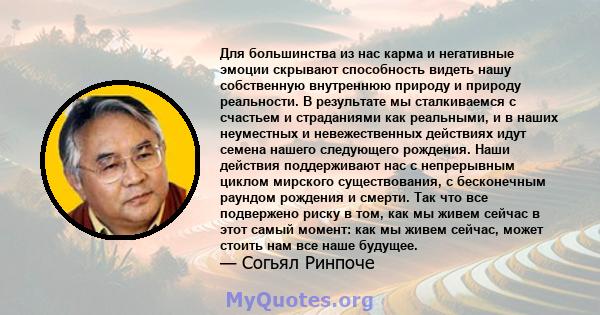 Для большинства из нас карма и негативные эмоции скрывают способность видеть нашу собственную внутреннюю природу и природу реальности. В результате мы сталкиваемся с счастьем и страданиями как реальными, и в наших