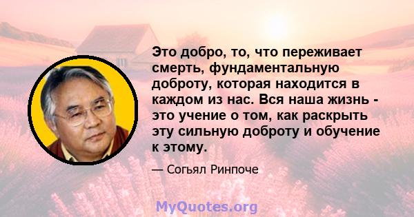 Это добро, то, что переживает смерть, фундаментальную доброту, которая находится в каждом из нас. Вся наша жизнь - это учение о том, как раскрыть эту сильную доброту и обучение к этому.