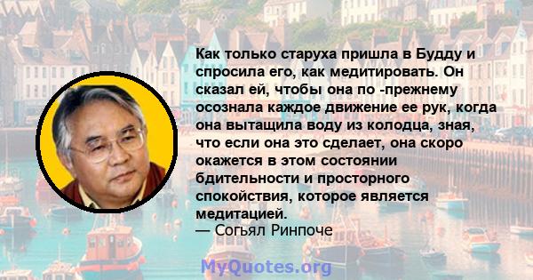 Как только старуха пришла в Будду и спросила его, как медитировать. Он сказал ей, чтобы она по -прежнему осознала каждое движение ее рук, когда она вытащила воду из колодца, зная, что если она это сделает, она скоро