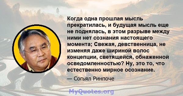 Когда одна прошлая мысль прекратилась, и будущая мысль еще не поднялась, в этом разрыве между ними нет сознания настоящего момента; Свежая, девственница, не изменяя даже шириной волос концепции, светящейся, обнаженной