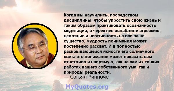 Когда вы научились, посредством дисциплины, чтобы упростить свою жизнь и таким образом практиковать осознанность медитации, и через нее ослаблили агрессию, цепляние и негативность на все ваше существо, мудрость