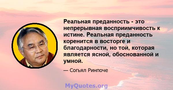 Реальная преданность - это непрерывная восприимчивость к истине. Реальная преданность коренится в восторге и благодарности, но той, которая является ясной, обоснованной и умной.