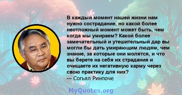 В каждый момент нашей жизни нам нужно сострадание, но какой более неотложный момент может быть, чем когда мы умираем? Какой более замечательный и утешительный дар вы могли бы дать умирающим людям, чем знание, за которые 