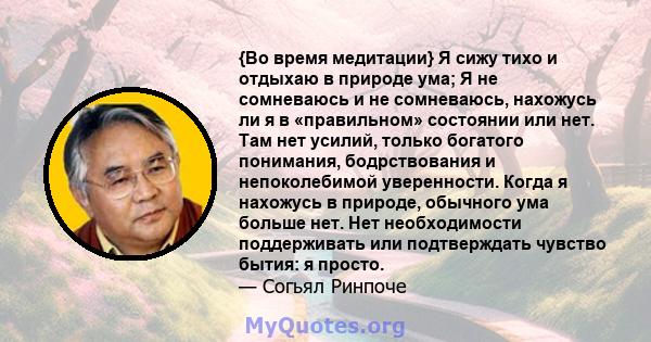 {Во время медитации} Я сижу тихо и отдыхаю в природе ума; Я не сомневаюсь и не сомневаюсь, нахожусь ли я в «правильном» состоянии или нет. Там нет усилий, только богатого понимания, бодрствования и непоколебимой