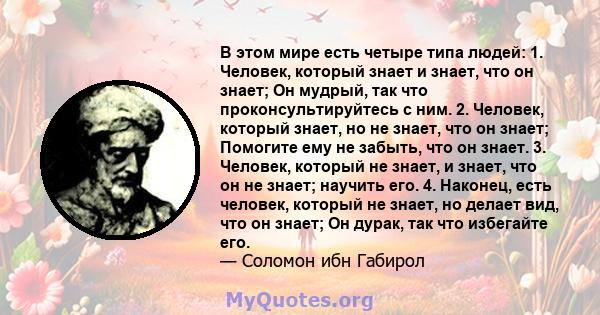 В этом мире есть четыре типа людей: 1. Человек, который знает и знает, что он знает; Он мудрый, так что проконсультируйтесь с ним. 2. Человек, который знает, но не знает, что он знает; Помогите ему не забыть, что он