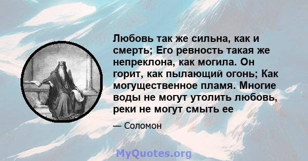 Любовь так же сильна, как и смерть; Его ревность такая же непреклона, как могила. Он горит, как пылающий огонь; Как могущественное пламя. Многие воды не могут утолить любовь, реки не могут смыть ее