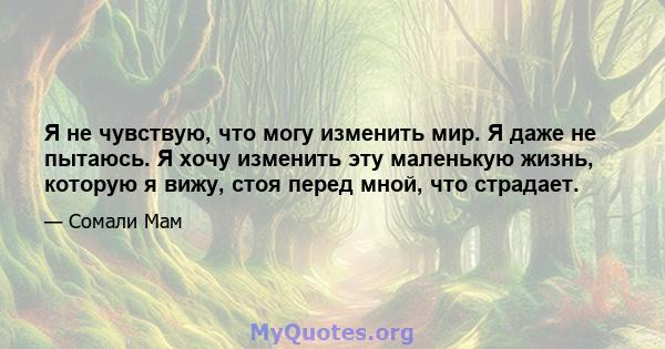 Я не чувствую, что могу изменить мир. Я даже не пытаюсь. Я хочу изменить эту маленькую жизнь, которую я вижу, стоя перед мной, что страдает.