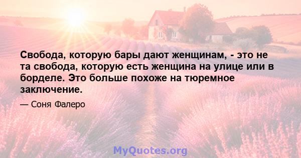 Свобода, которую бары дают женщинам, - это не та свобода, которую есть женщина на улице или в борделе. Это больше похоже на тюремное заключение.