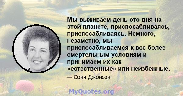 Мы выживаем день ото дня на этой планете, приспосабливаясь, приспосабливаясь. Немного, незаметно, мы приспосабливаемся к все более смертельным условиям и принимаем их как «естественные» или неизбежные.